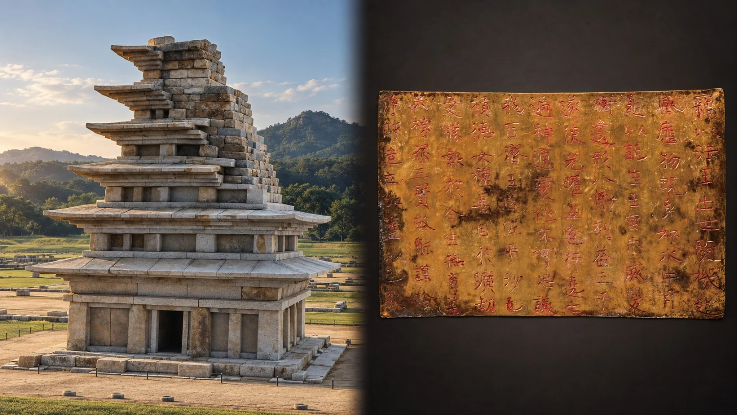 A weathered Baekje stone pagoda rising in stepped stone tiers at an open temple site, set beside a small gold plate engraved with columns of Chinese characters picked out in red