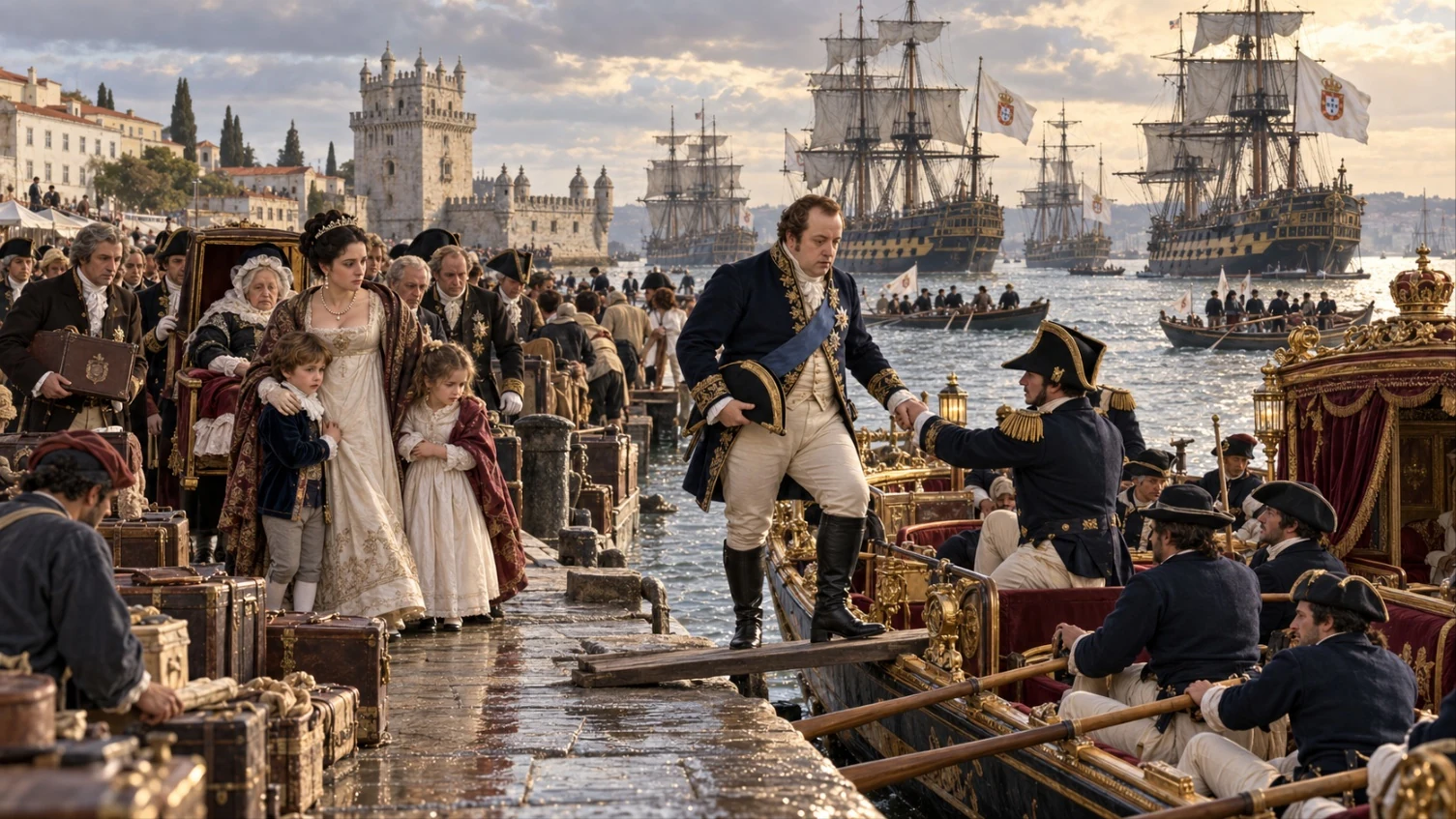 An illustrated scene of a royal court boarding boats at a harbor quay, with trunks piled on the dock and tall sailing warships flying flags waiting offshore