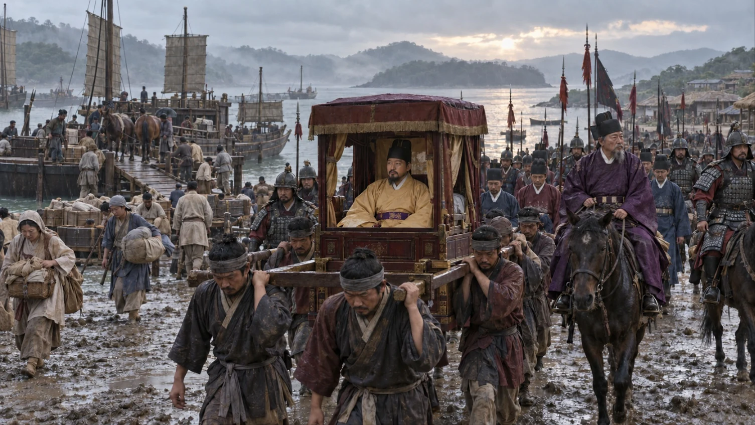 An illustrated scene of a Goryeo royal palanquin carried across a muddy shore, with officials on horseback, armored soldiers, and laden porters moving toward boats and an island beyond