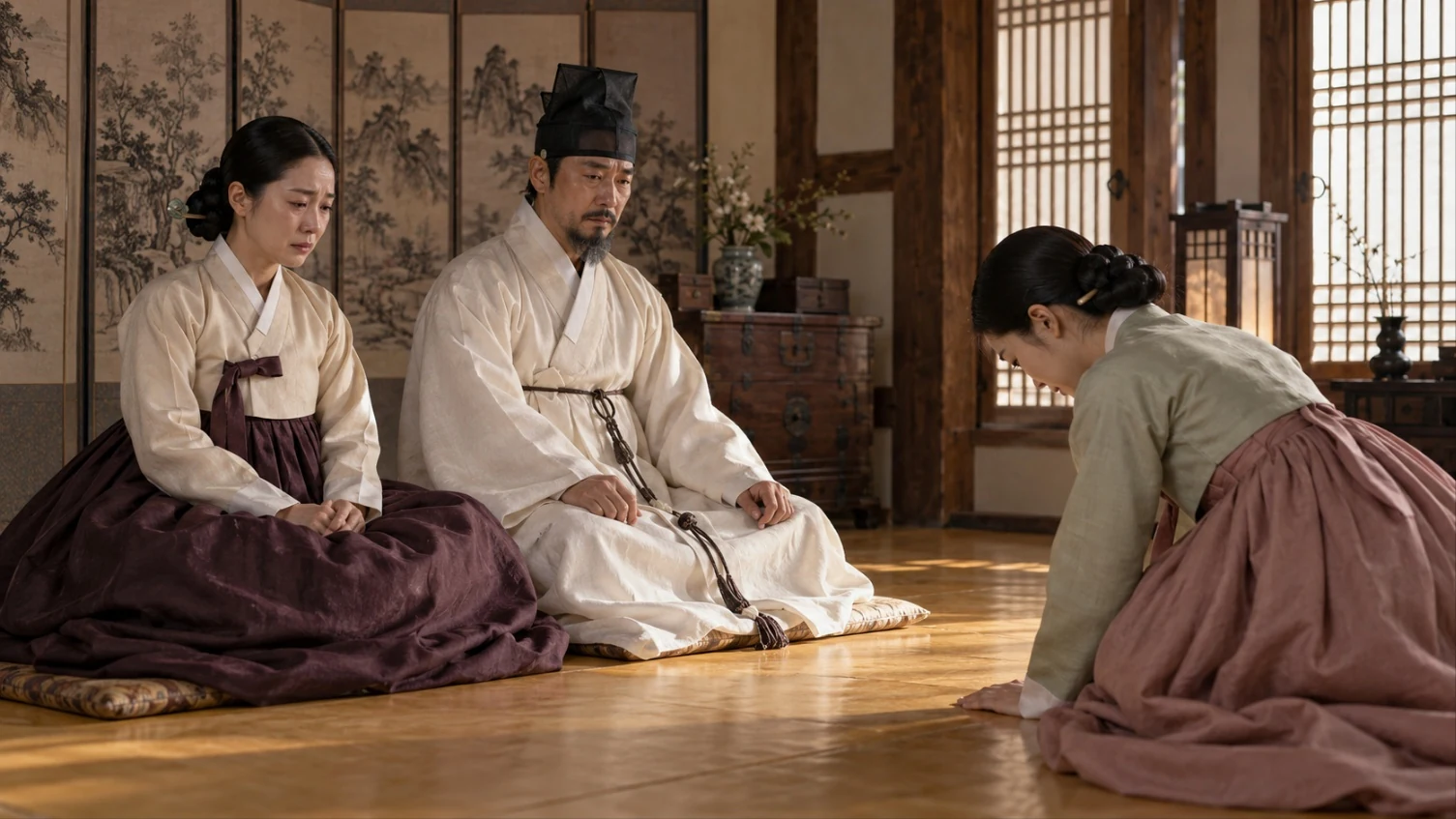 A young woman in a pale green jeogori kneels and bows low on a wooden floor before a seated Joseon nobleman and his tearful wife