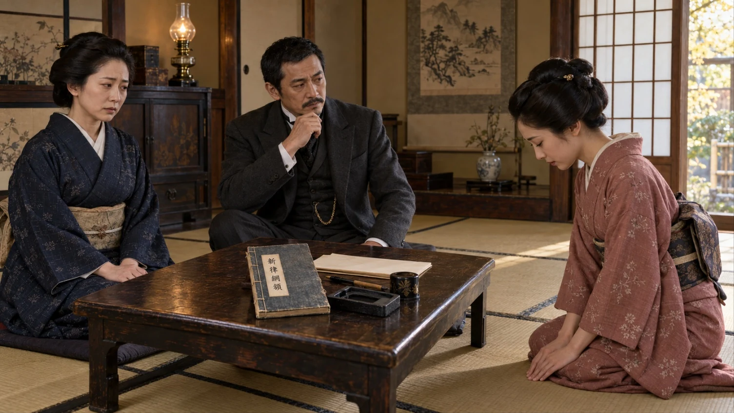 A Meiji-era couple sit at a low table bearing a bound volume labeled 新律綱領 while a young woman in a rose kimono kneels with her head bowed
