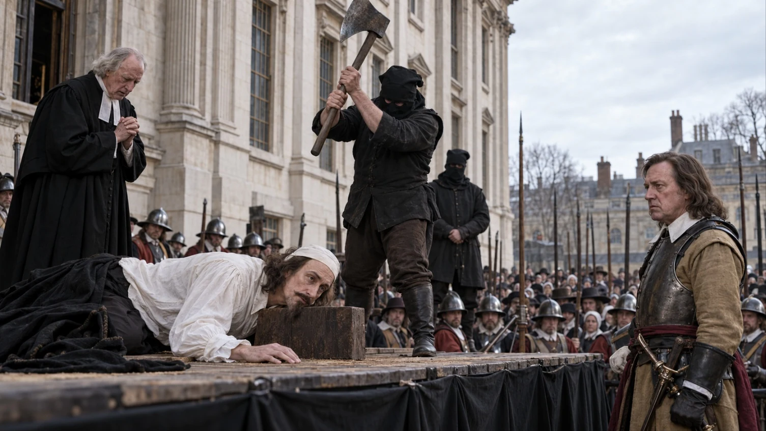 A kneeling king rests his head on the execution block as a masked executioner raises an axe, while a cleric prays and an armored officer looks on before a crowd of soldiers