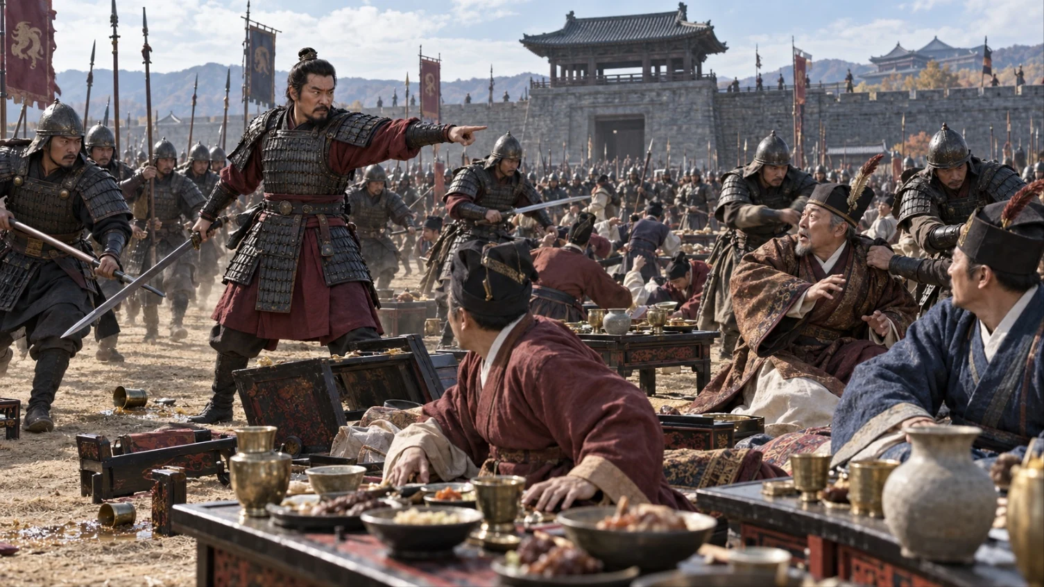 Armored soldiers burst into an outdoor banquet as a commander points his sword and robed officials scatter among overturned tables and wine vessels in front of a fortress gate