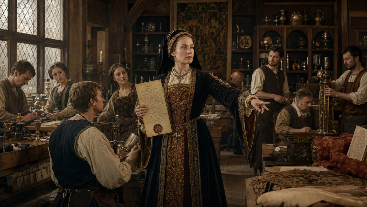A widow in Tudor-era England, in a black hood and embroidered gown, directing her late husband's metalwork workshop while holding a sealed charter