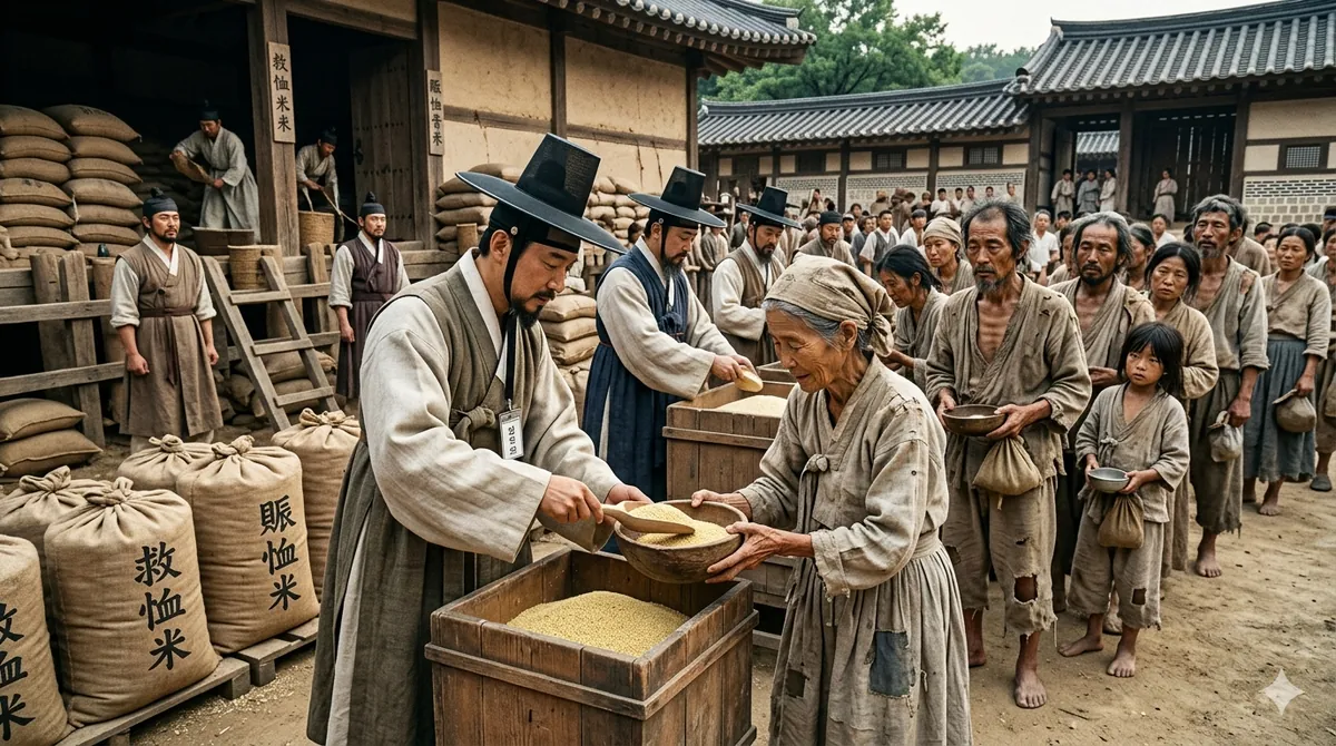 A Joseon official measuring out relief grain from the state granaries to a line of gaunt, waiting villagers