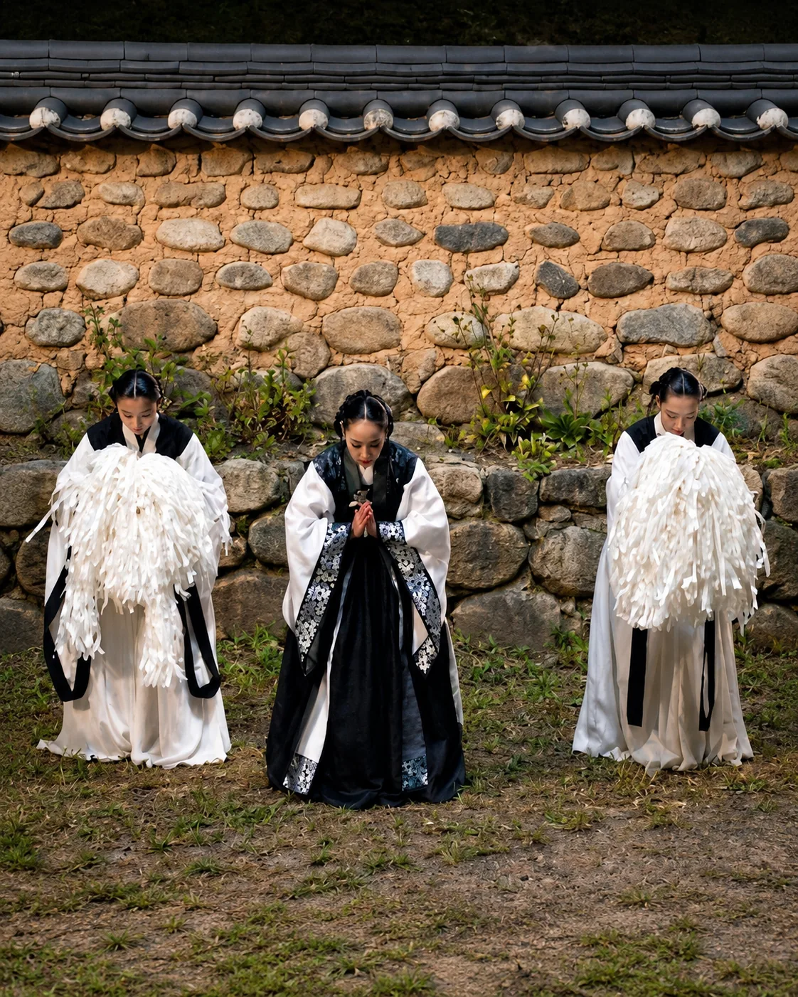 Three women in black-and-white ritual hanbok bow with hands clasped before a stone-and-earth wall, the central figure in a dark robe, the two attendants in white shamanic dress with hanging paper streamers.