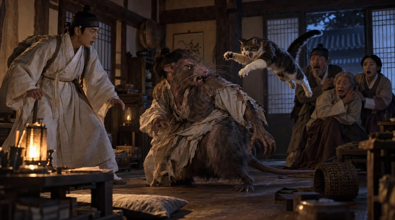 A cat springs from a traveller's bundle in a Korean courtyard and fastens on the throat of a man who is turning, before his horrified family, into a large rat.