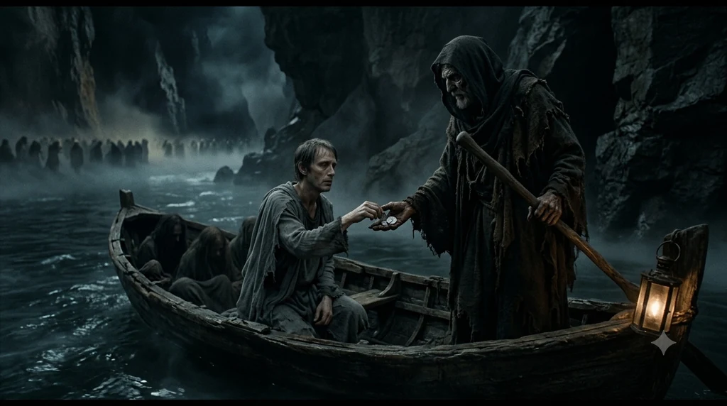 A ferryman in a hooded, ragged cloak leans over the side of a wooden boat on dark water, taking a small coin from the outstretched hand of a pale seated passenger, while other shrouded figures huddle in the hull and a crowd of shades waits on the far shore.