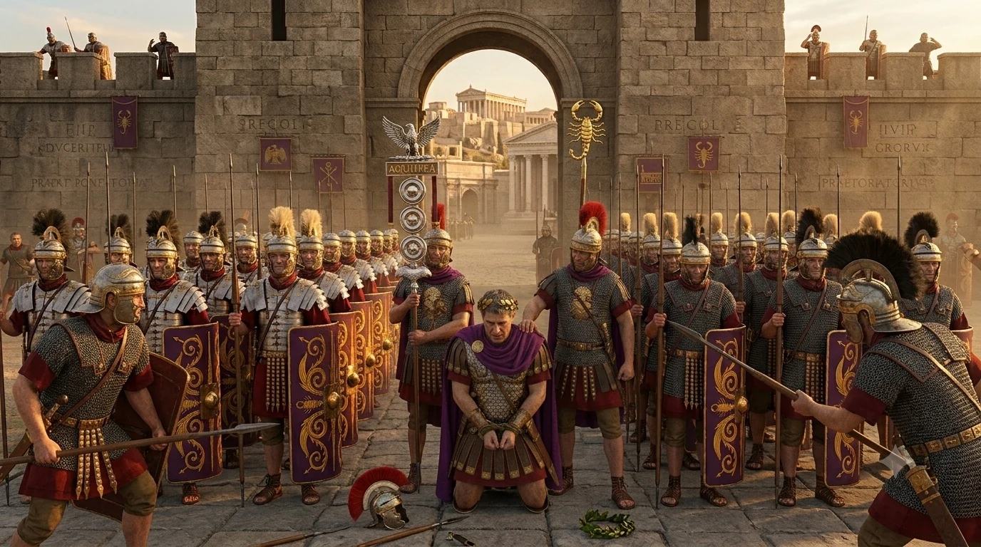 Roman Praetorian Guards massed before a city gate, a purple-cloaked claimant kneeling among them as they close ranks. (AI illustration)