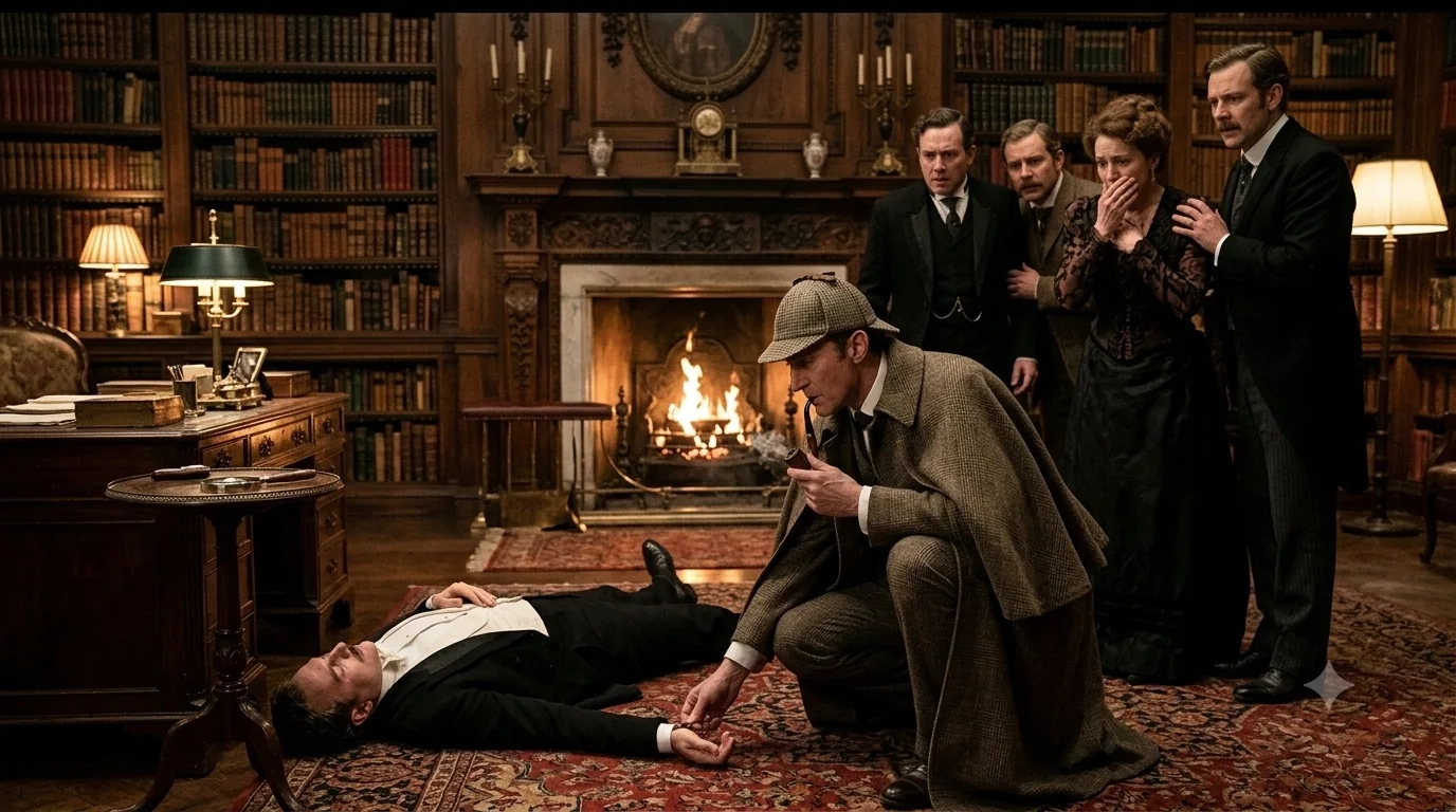 A Victorian detective in a deerstalker cap examines a body in a book-lined study as shocked witnesses look on.