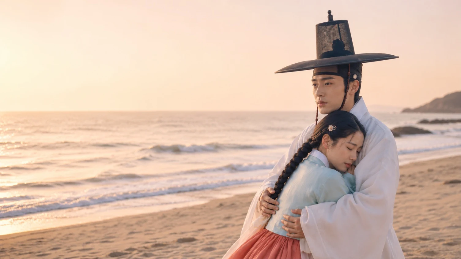 A Joseon couple in hanbok embracing on a beach at sunset, separated by the war.