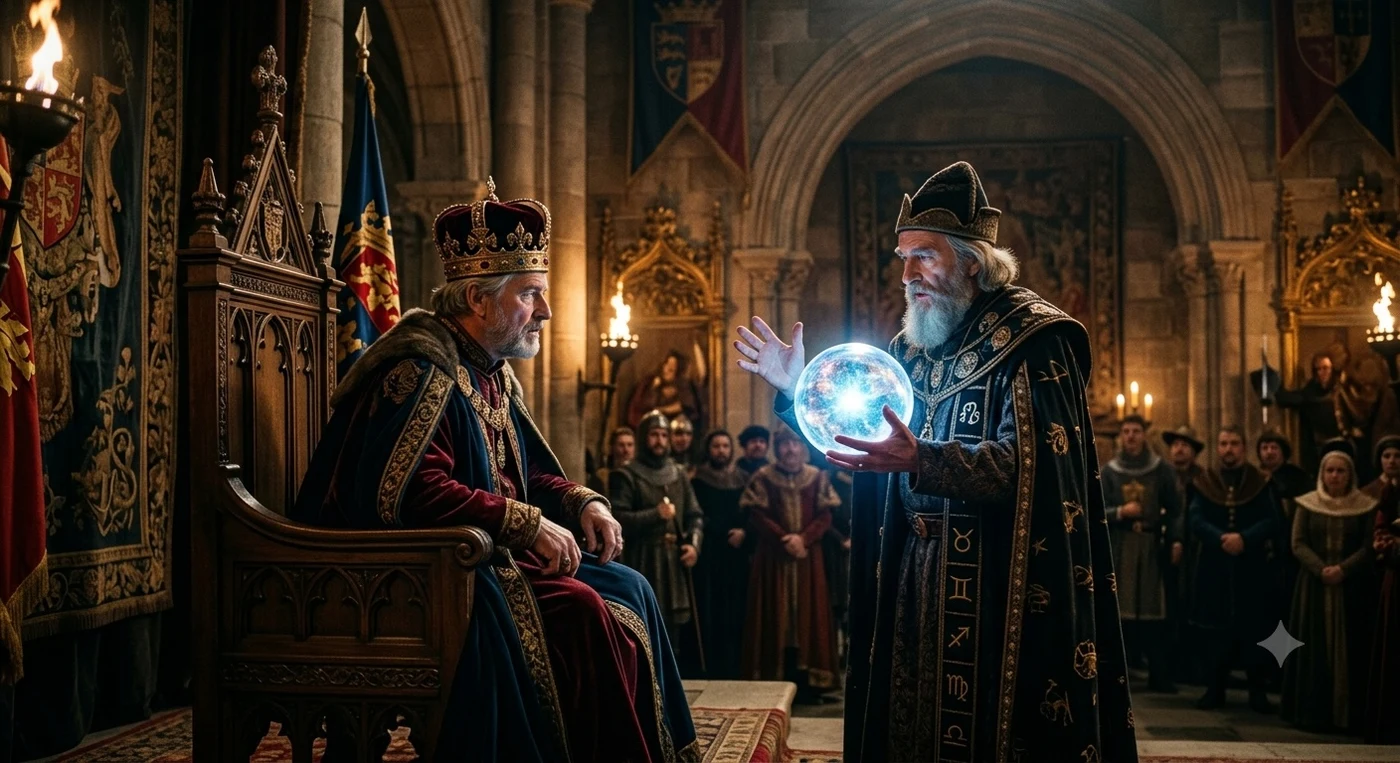 A medieval European court astrologer in a zodiac-embroidered robe holds a glowing orb before an enthroned king, courtiers watching.