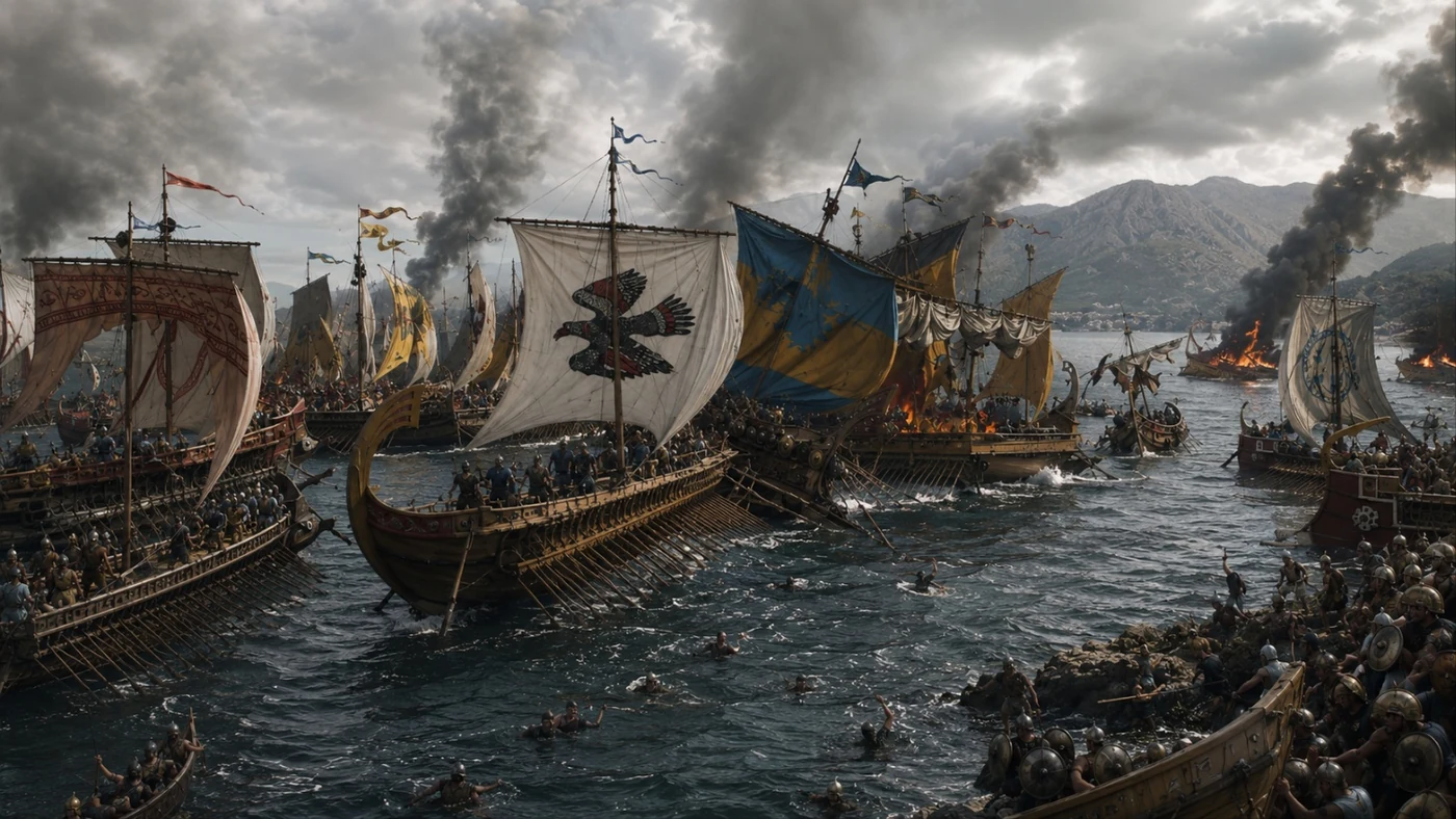Greek triremes fighting the Persian fleet in the narrow channel at Salamis