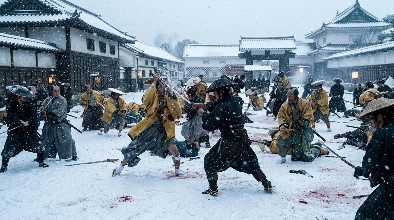 Swordsmen fighting in heavy falling snow outside the gate of a Japanese castle, blood on the snow and bodies fallen around them