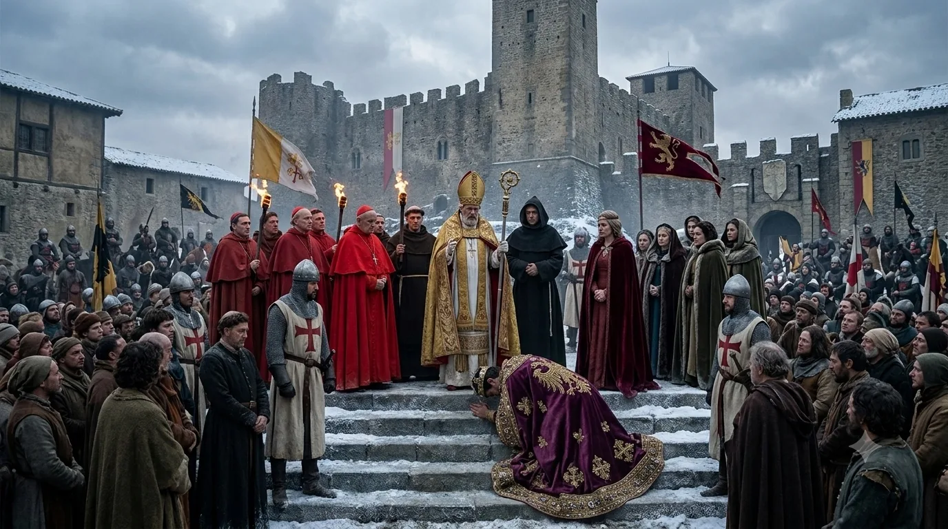 A crowned penitent kneeling in the snow before a mitred pope and cardinals outside a medieval castle