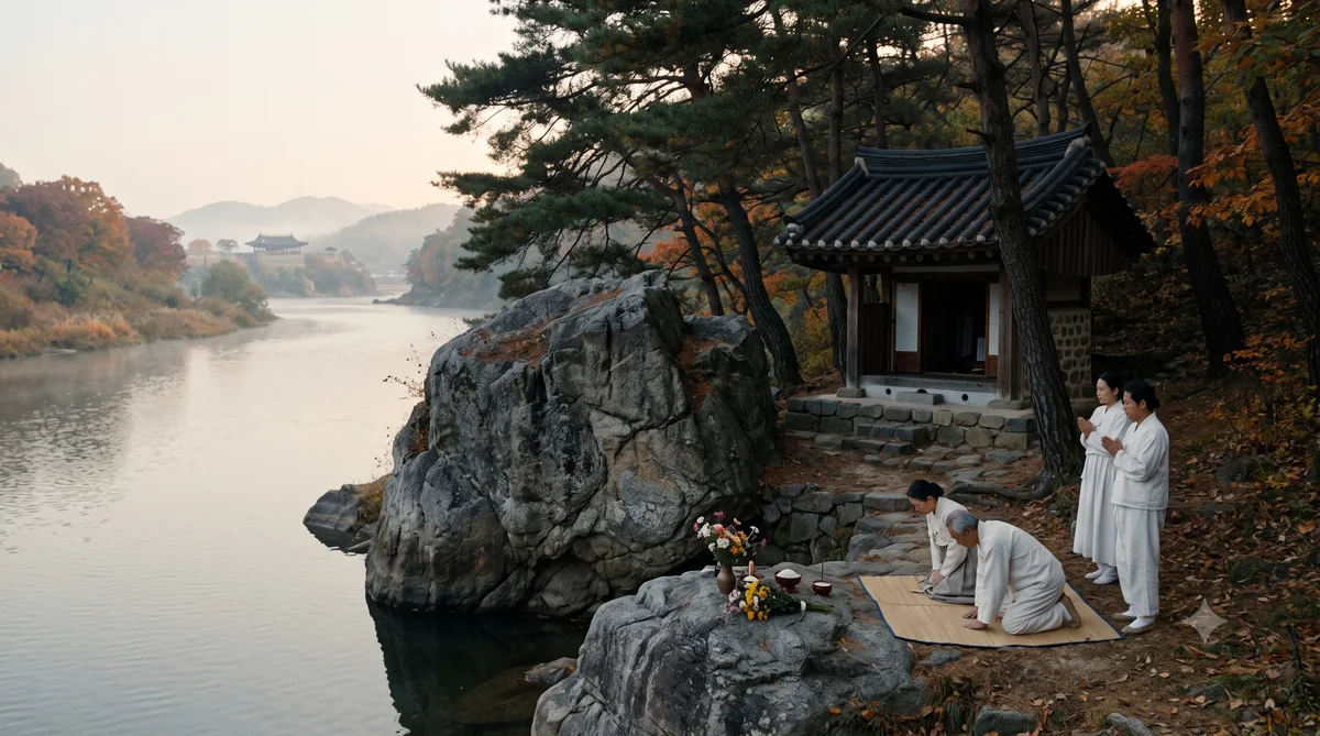 People in white hanbok bowing at a small tiled-roof shrine beside the great Righteous Rock on a misty autumn river at dawn