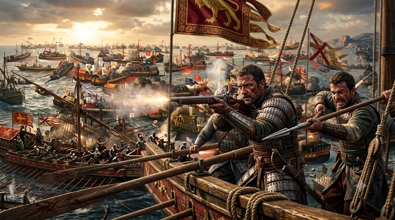 Galleys of several Christian states fighting in line at Lepanto, 1571