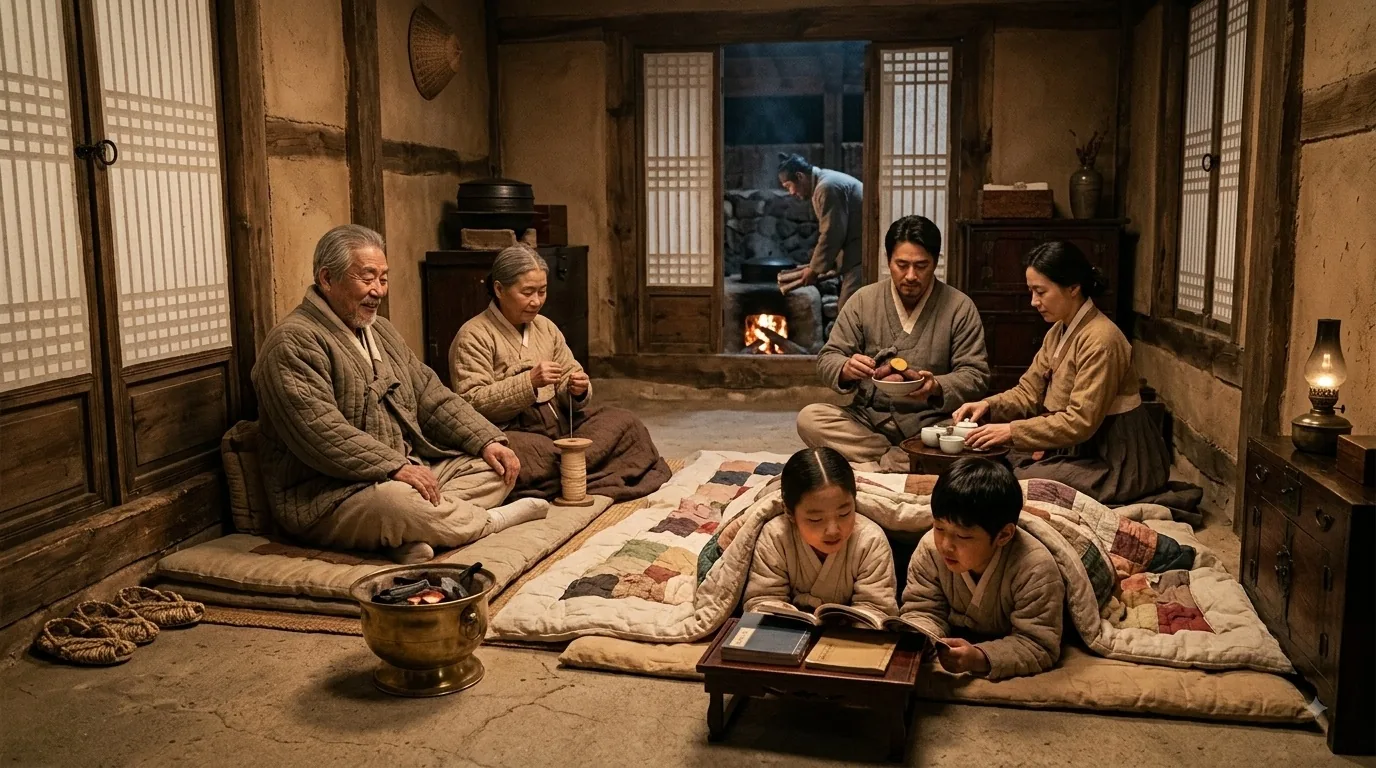 A traditional Korean room in winter: a family sitting and lying on the heated floor under patchwork quilts, an oil lamp on the chest, a brazier on the earthen floor beyond the threshold, and through the open doorway a man feeding the firebox outside the room.