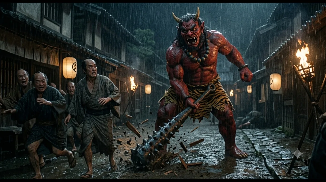 A red-skinned Japanese oni with horns, fangs and a tiger-skin loincloth swinging a spiked iron club as villagers flee through a rainy street at night.