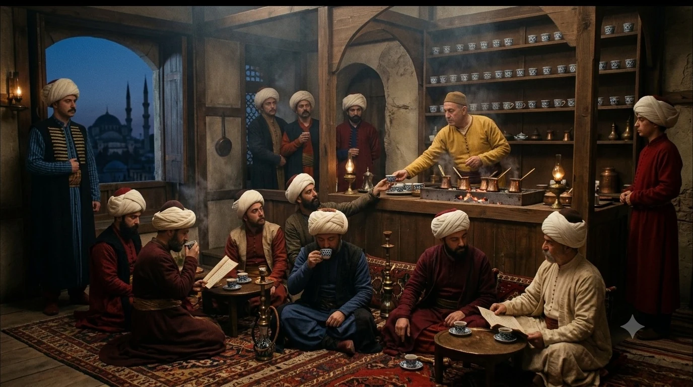 A seventeenth-century Ottoman coffeehouse: men in turbans seated on carpets drinking from small cups while a keeper works copper pots over a long charcoal brazier, a mosque skyline through the window at dusk.