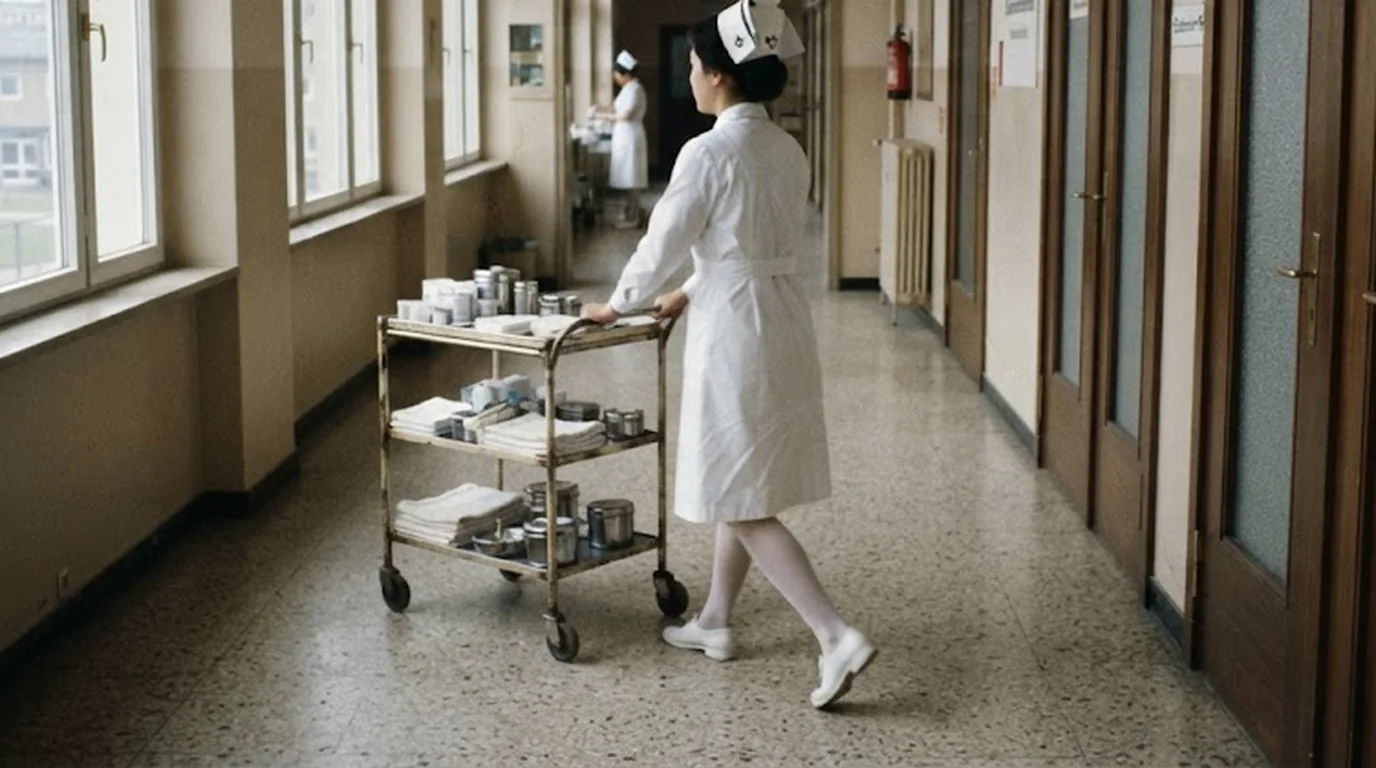 A hospital corridor in West Germany in the late 1960s: a Korean nurse in a white uniform and cap pushes a metal supply trolley of folded linen and tins past a row of tall wooden doors, seen from behind. Terrazzo floor, tall windows along the left wall, a second nurse working at the far end of the corridor.