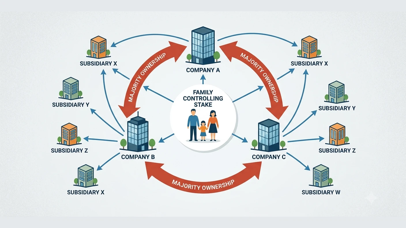 Diagram of circular shareholding: companies own each other in a loop while a family at the center holds the controlling stake over a web of subsidiaries.