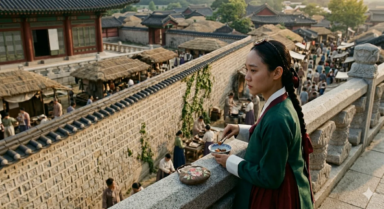 A court lady looking out through a palace gate toward the world outside