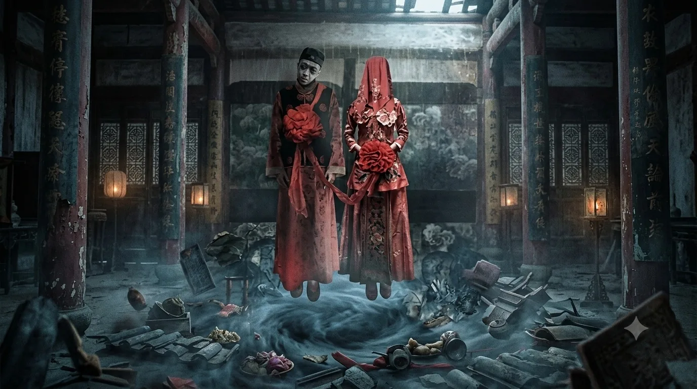 Two spirits in red wedding robes, the bride's face veiled, floating above a ruined hall strewn with broken offerings and paper figures.