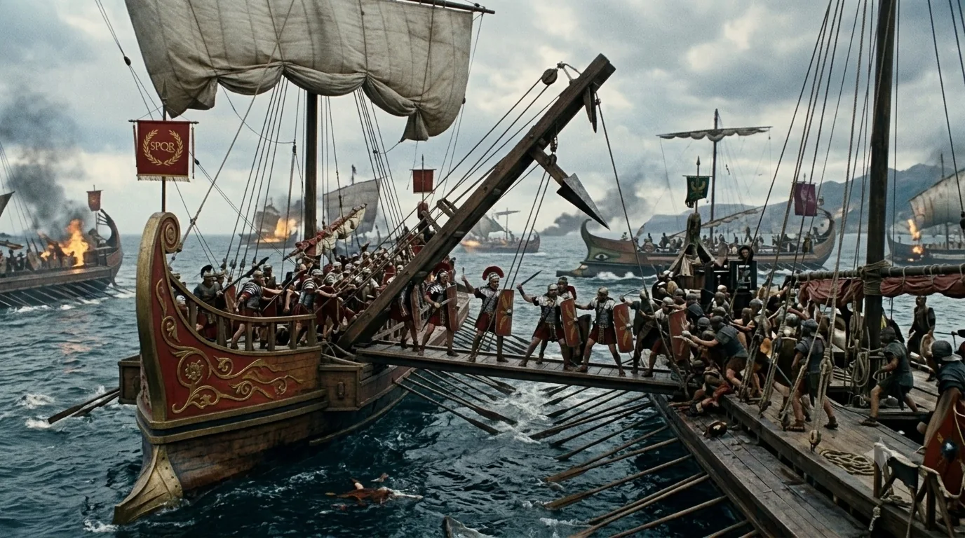 A Roman warship's deck in battle: legionaries crossing a raised boarding bridge onto an enemy galley while ships burn across the water behind them.