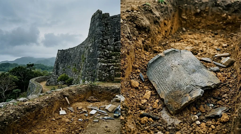 An Okinawan gusuku stone rampart beside an excavated Goryeo-inscribed roof tile