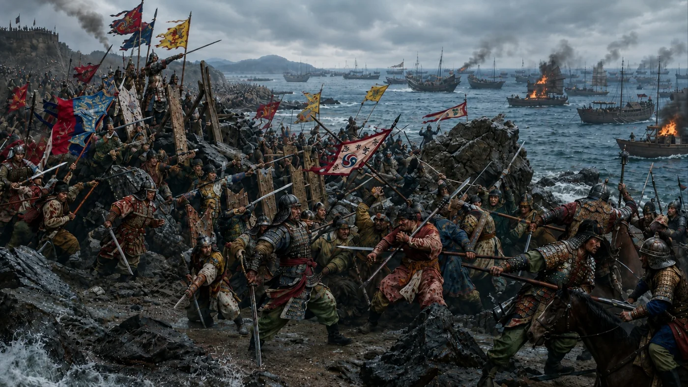 Song dynasty defenders man a massive city wall hung with 宋 banners as Mongol cavalry and siege ladders press the assault