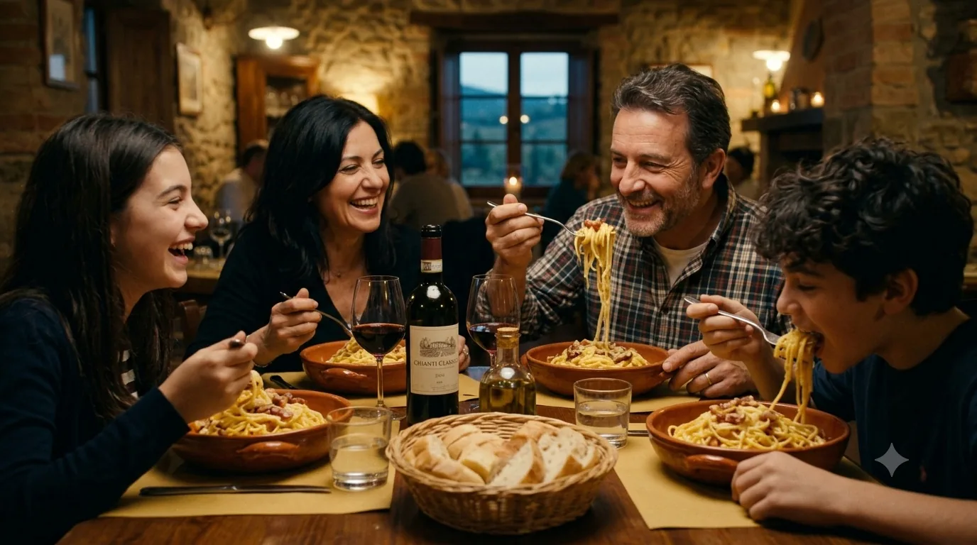An Italian family of four laughing over bowls of carbonara at a stone-walled trattoria table, a bottle of Chianti and a basket of bread between them.