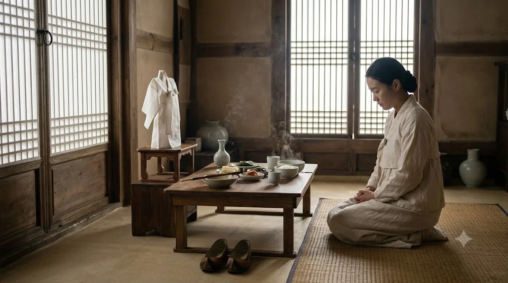 In a mourning room, a low table set with a full steaming meal for one — rice, soup, side dishes, a cup and a lit pipe — with a folded white silk figure on a stand behind it, a pair of shoes placed beneath the table, and a woman in white hemp kneeling to one side.