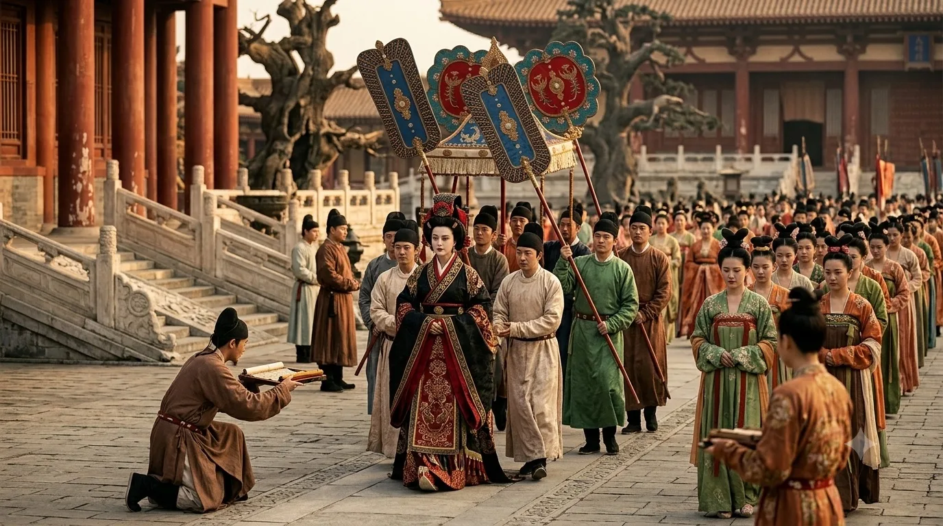 Empress Wu Zetian in dark ceremonial robes leads a grand procession through a Tang palace courtyard, an official kneeling with a scroll before her.