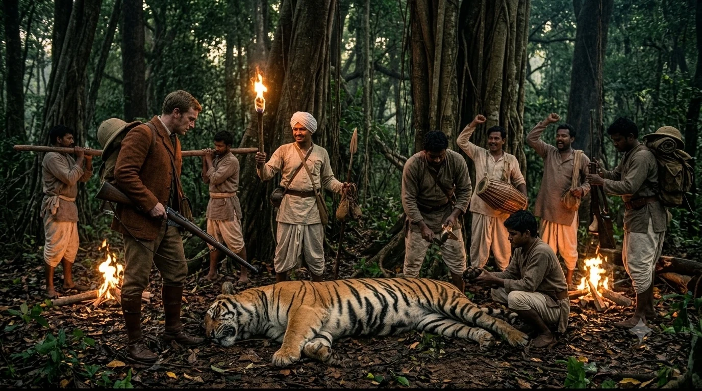 A colonial-era tiger hunt in India at dusk: a European hunter in a tweed jacket with a rifle stands over a dead tiger laid out on the forest floor, surrounded by local beaters and trackers holding torches, spears and a drum, with fires burning behind them.