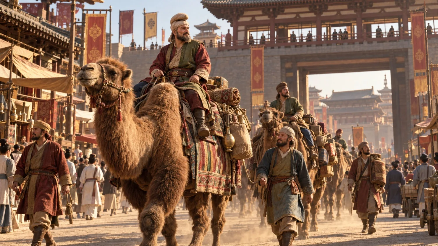 A caravan of merchants and laden camels on a Silk Road route, the eastward overland link through which Eurasian goods and images reached East Asia.