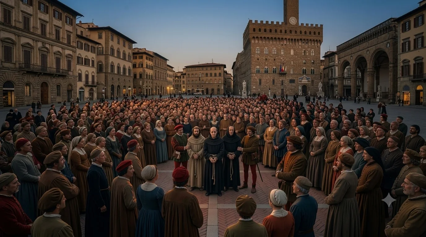 A friar in chains stands before a crowd in a Renaissance Florentine piazza dominated by the Palazzo Vecchio