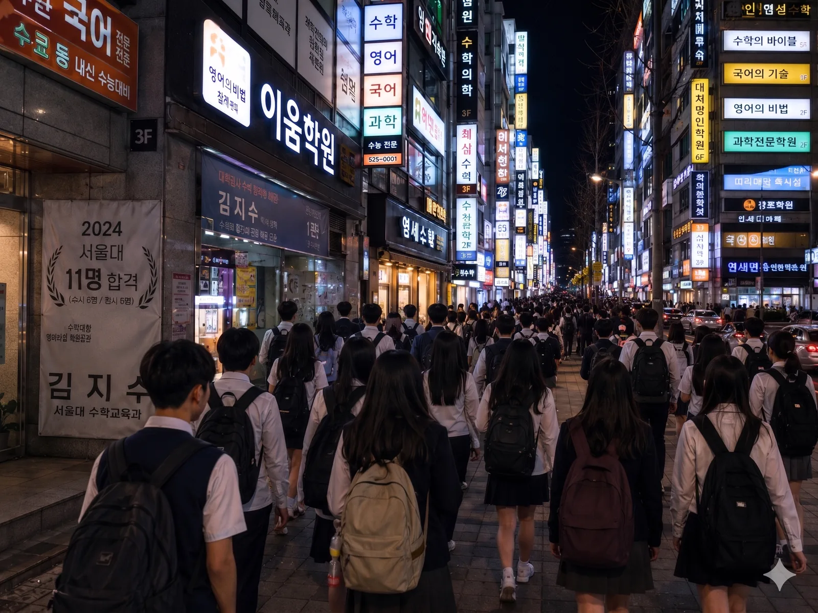 A dense Seoul hagwon street at night, glowing with stacked neon signs for math, English, Korean, and science academies, as uniformed students walk beneath a banner reading '2024 — 11 admitted to Seoul National University.'