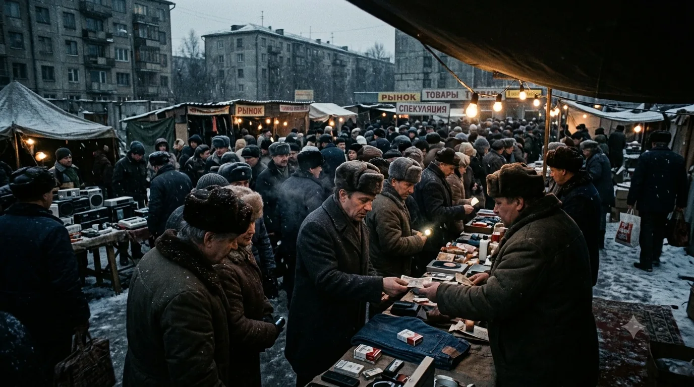 A snow-covered Soviet street market at dusk, traders selling jeans, cassette players and cigarettes under signs reading rynok and spekulyatsiya.