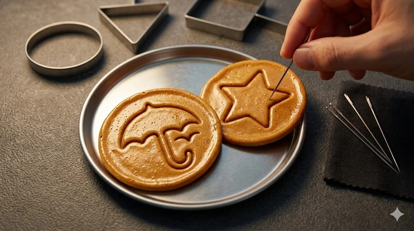 Close-up of two dalgona discs on a metal plate — one stamped with an umbrella, one with a star — as a needle carefully traces the star's outline.