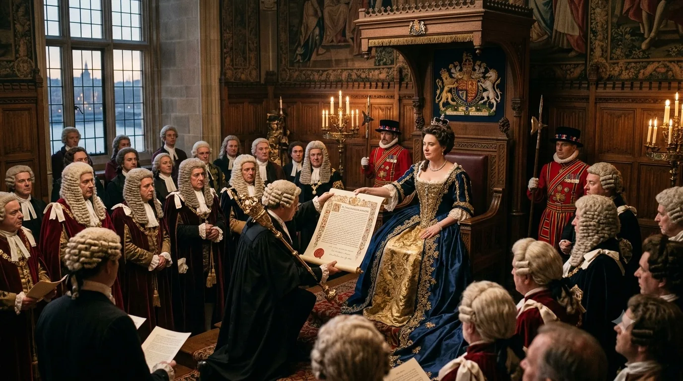 Queen Anne enthroned in a candlelit chamber of Parliament, robed and wigged lords assembled around her as a sealed act is presented on a scroll.