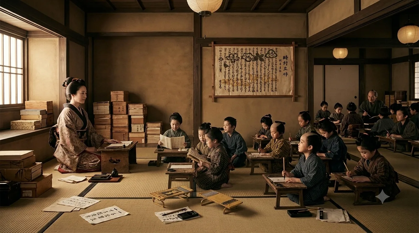 A woman teaching at a Japanese terakoya, children practising brushwork at low desks on tatami beneath a hanging scroll.