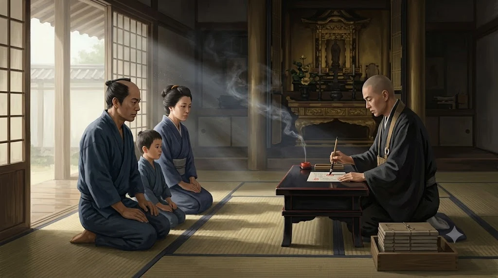In the main hall of a Tokugawa-era Buddhist temple, a shaven-headed priest in dark robes kneels at a low writing desk and inks a certificate stamped with a red seal, while a farming family — father, mother and small child in plain indigo clothes — kneel formally on the tatami before him; thread-bound population registers are stacked in a shallow wooden box beside the desk, and incense smoke drifts through morning light from the open veranda.
