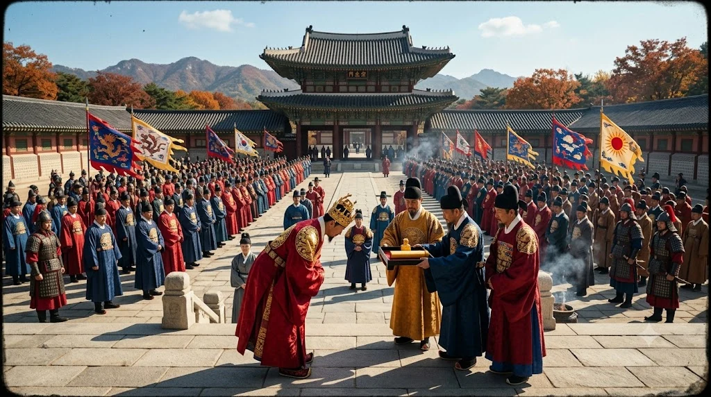King Taejong bowing to receive the Ming imperial patent and golden seal from envoys outside Seonuimun Gate in 1401, officials in procession.