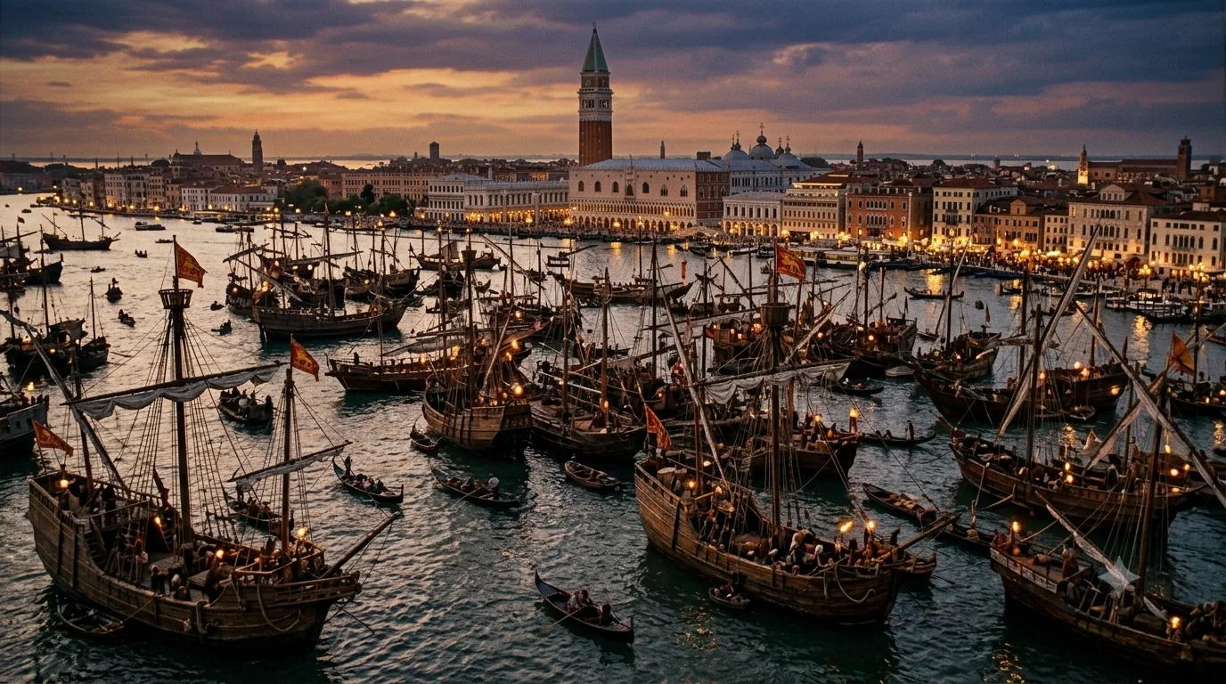 A crowded lagoon harbour at dusk, dozens of masted merchant vessels riding at anchor with lanterns lit, small boats threading between them, and a dense waterfront city of palaces and a tall campanile lining the quay behind.