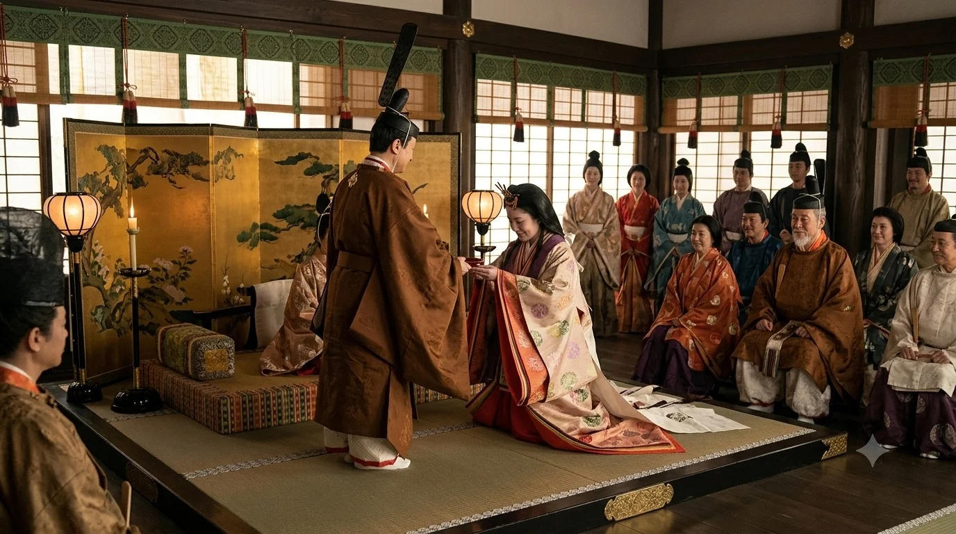 A Heian-style Japanese court wedding: a groom in formal court robes and tall cap stands before a seated bride in layered silk robes, watched by rows of courtiers on a tatami dais before a gold folding screen.