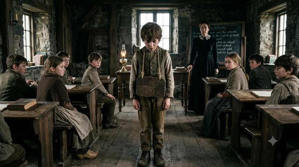A nineteenth-century Welsh village schoolroom with stone walls and wooden desks: a boy stands at the centre with a wooden board reading "WELSH NOT" hung around his neck on a cord, head lowered, while the other children look on and a schoolmistress in a dark dress stands by the blackboard.