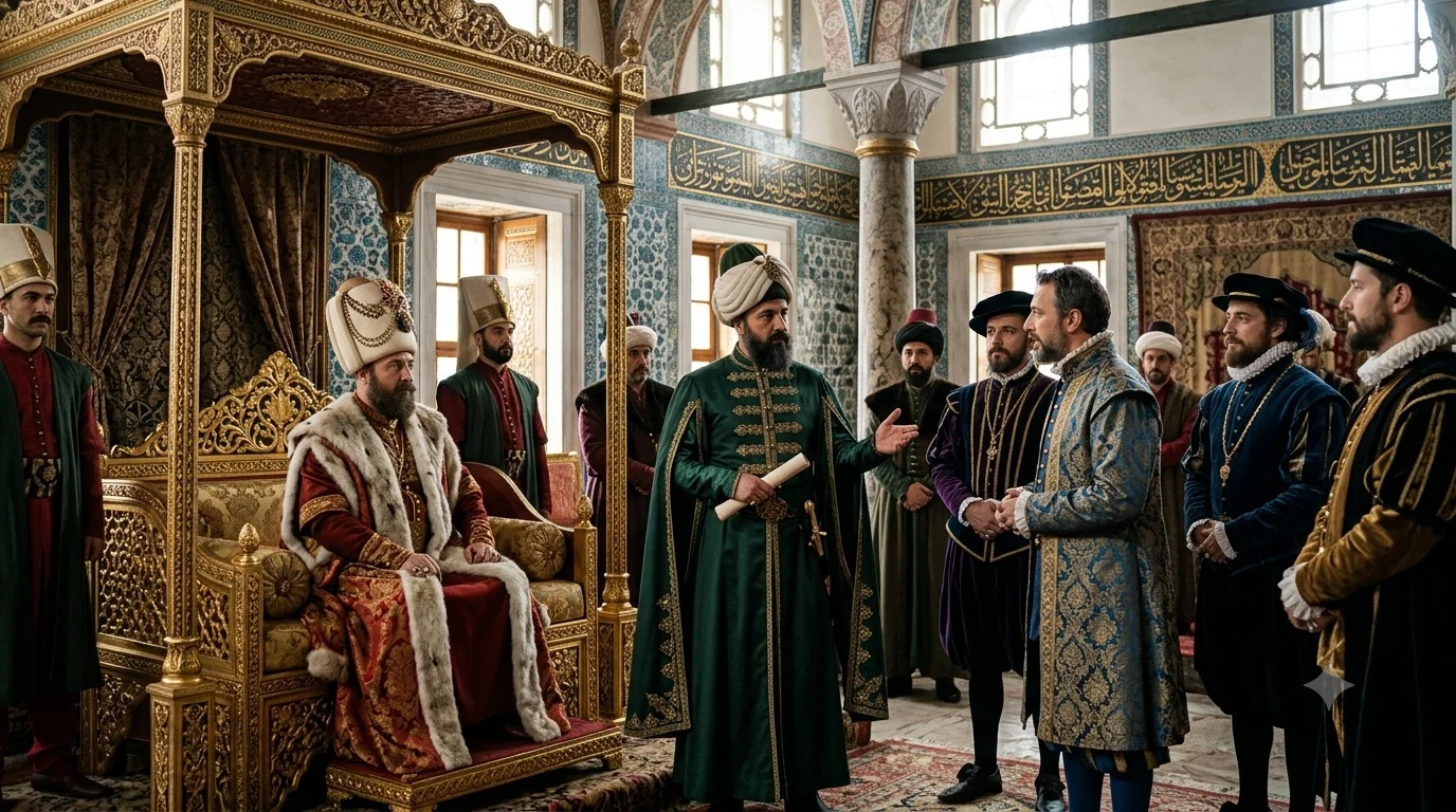 An Ottoman sultan receiving European envoys in a tiled audience hall, a dragoman standing between them to interpret