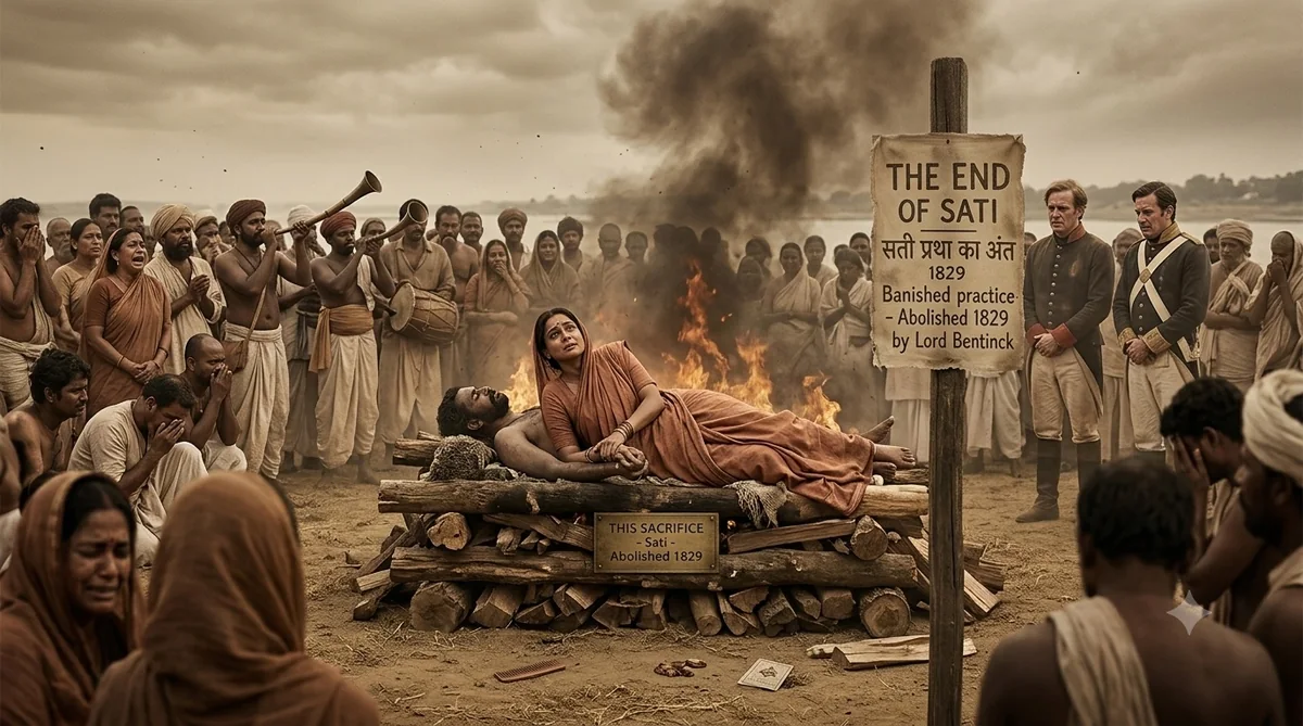 A widow beside her husband's funeral pyre as mourners look on, with British colonial officers and a sign marking sati's 1829 abolition