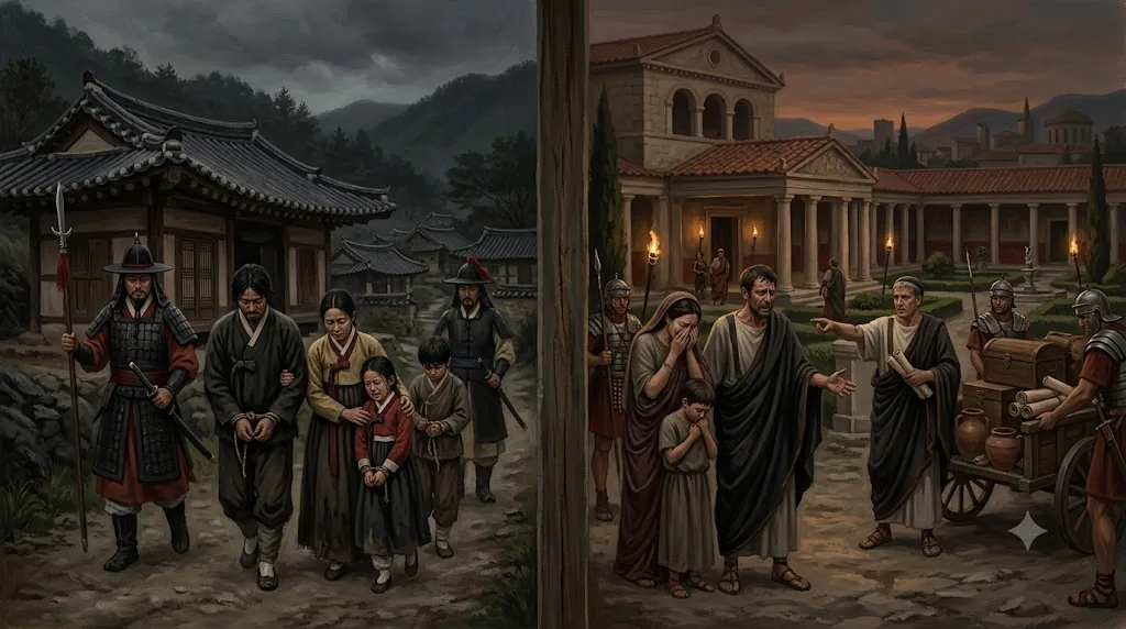 Left: a Joseon family led away under guard; right: a Roman family losing property to officials